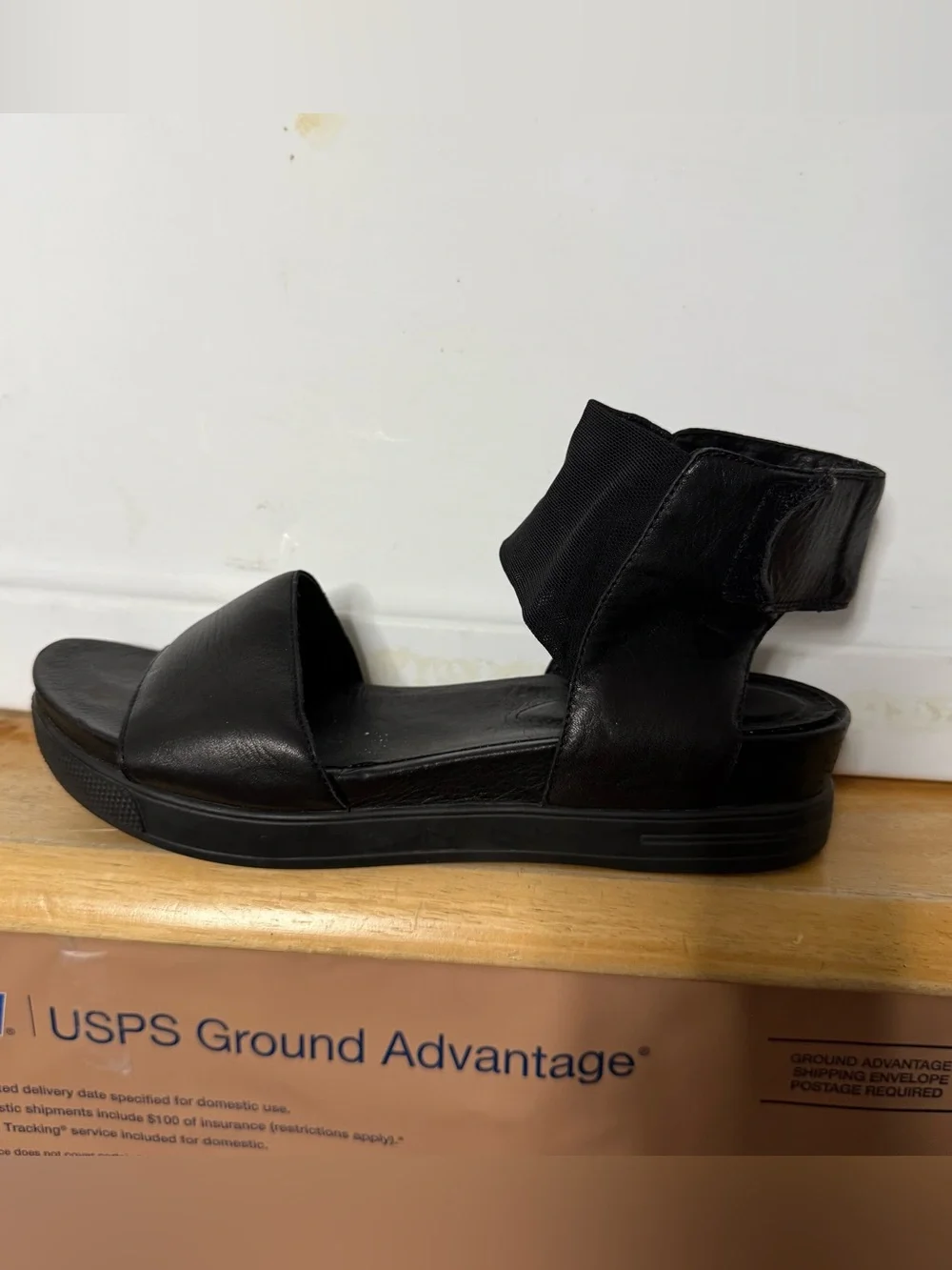 Eileen Fisher Spree Sport Womens 9 Black Leather Mesh Platform Cuff Wrap Sandal